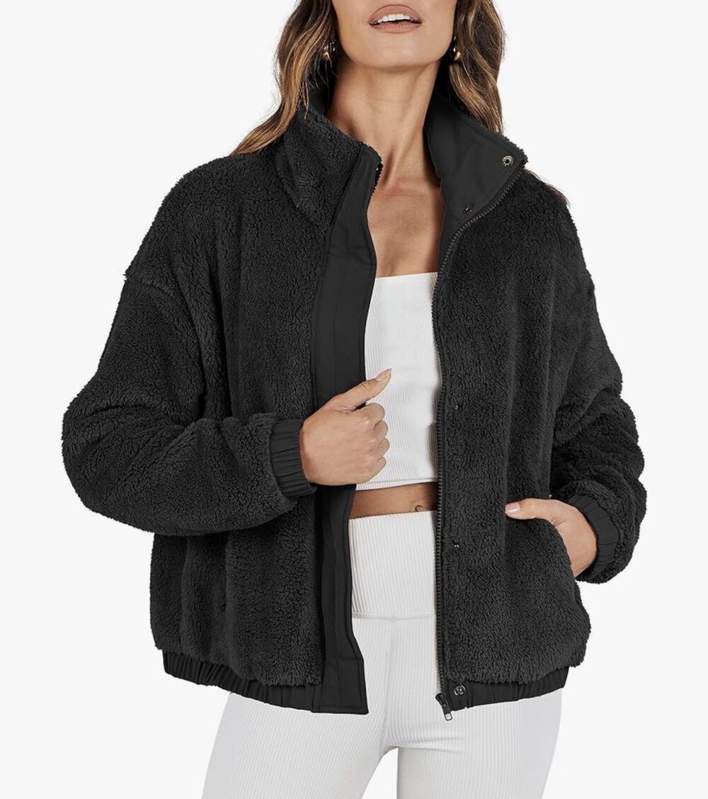 ANRABESS Womens Fleece Jacket Casual Long Sleeve Cropped Sherpa Size S